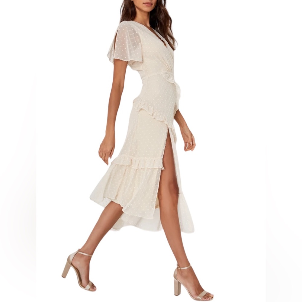 Lulus Next To You Cream Swiss Dot Ruffle Midi Dress Medium